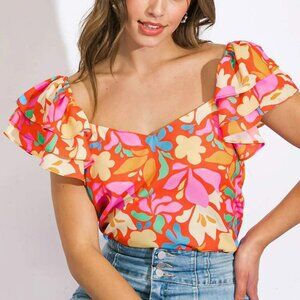 Flying Tomato Floral Ruffle Sleeve Blouse - Orange, Pink, Blue